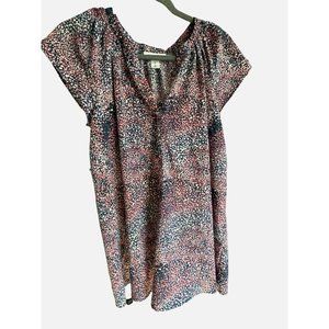 Motherhood Maternity size M blue print cap sleeve split neck top missing belt